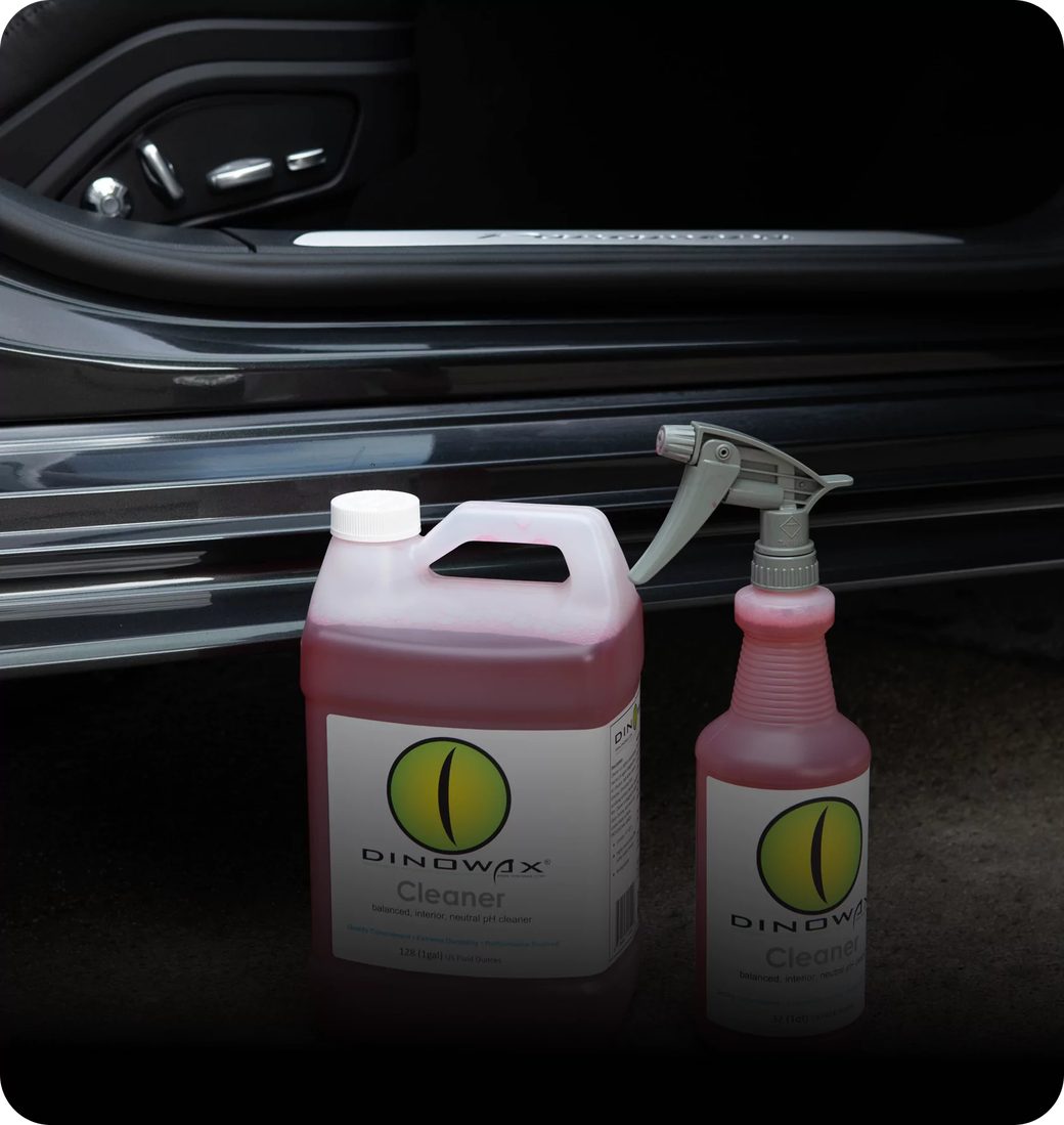 Dinowax cleaner bottles beside a car's open door.
